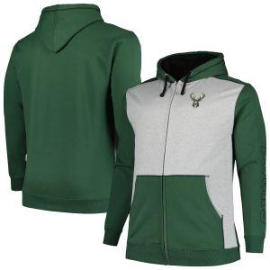 Fanatics Milwaukee Bucks Hunter Green/Heather Gray Milwaukee Trendy Bucks Big & Tall Contrast Pieced Stitched Full Zip Hoodie