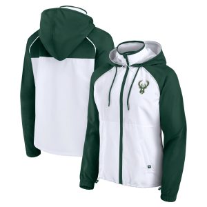 Fanatics Milwaukee Bucks Women's White/Hunter Green Stylish Anorak Raglan Full Zip Hoodie Jacket