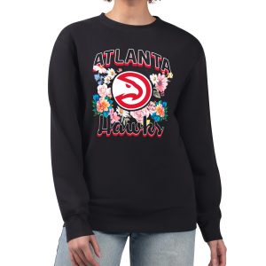 G Unique III 4Her by Carl Banks Atlanta Hawks Women's Black Flowers Team Logo Graphic Fleece Crewneck Pullover Sweatshirt