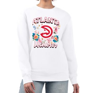 G III 4Her by Carl Banks Atlanta Unique Hawks Women's White Flowers Team Logo Graphic Fleece Crewneck Pullover Sweatshirt