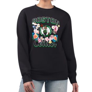 G III 4Her by Carl Banks Boston Celtics Women's Black Flowers Team Logo Graphic Fleece Crewneck Trendy Pullover Sweatshirt
