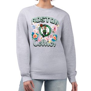 G III 4Her Unique by Carl Banks Boston Celtics Women's Heather Gray Flowers Team Logo Graphic Fleece Crewneck Pullover Sweatshirt