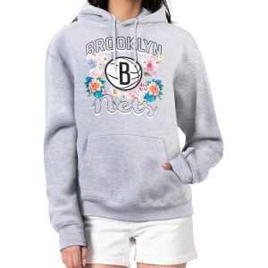 G III 4Her by Carl Banks Chic Brooklyn Nets Women's Heather Gray Flowers Team Logo Graphic Fleece Pullover Hoodie
