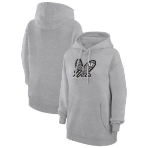 G III 4Her by Carl Banks Brooklyn Nets Women's Heather Gorgeous Gray Leopard Heart Graphic Fleece Pullover Hoodie