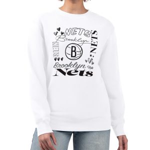 G III 4Her by Carl Banks Elegant Brooklyn Nets Women's White Collage Team Graphic Fleece Pullover Sweatshirt