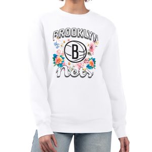 G III 4Her by Carl Banks Brooklyn Nets Chic Women's White Flowers Team Logo Graphic Fleece Crewneck Pullover Sweatshirt