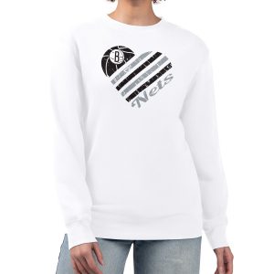 G III 4Her by Carl Banks Brooklyn Nets Women's White Elegant Heart Graphic Fleece Pullover Sweatshirt