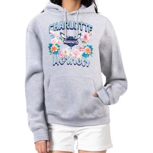 G III 4Her by Carl Banks Charlotte Hornets Women's Heather Gray Premium Flowers Team Logo Graphic Fleece Pullover Hoodie