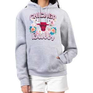 G III 4Her by Carl Banks Chicago Bulls Women's Heather Gray Flowers Team Logo Graphic Fleece Pullover Hoodie Chic