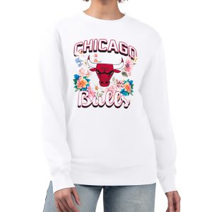 G III 4Her by Carl Banks Chicago Bulls Women's White Eye - catching Flowers Team Logo Graphic Fleece Crewneck Pullover Sweatshirt