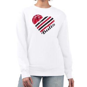 G III 4Her Gorgeous by Carl Banks Chicago Bulls Women's White Heart Graphic Fleece Pullover Sweatshirt