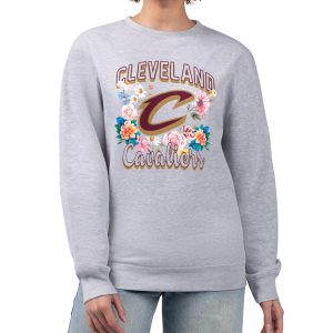 G III 4Her by Carl Banks Cleveland Cavaliers Chic Women's Heather Gray Flowers Team Logo Graphic Fleece Crewneck Pullover Sweatshirt