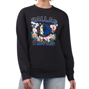 G III 4Her by Carl Banks Dallas Mavericks Women's Black Flowers Gorgeous Team Logo Graphic Fleece Crewneck Pullover Sweatshirt