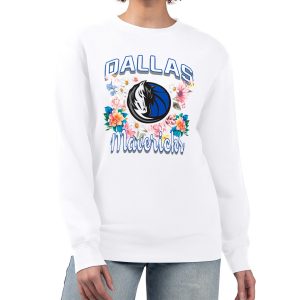 G III 4Her by Carl Banks Dallas Mavericks Women's White Flowers Team Logo Graphic Fleece Crewneck Pullover Unique Sweatshirt
