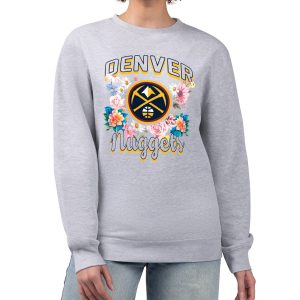 G III 4Her by Chic Carl Banks Denver Nuggets Women's Heather Gray Flowers Team Logo Graphic Fleece Crewneck Pullover Sweatshirt