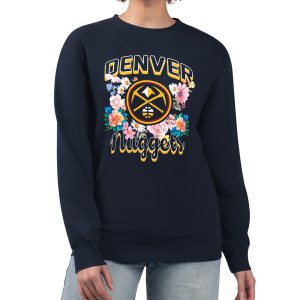 G III 4Her by Carl Banks Stylish Denver Nuggets Women's Navy Flowers Team Logo Graphic Fleece Crewneck Pullover Sweatshirt