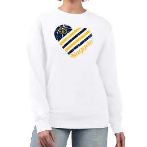 G III 4Her by Carl Banks Denver Nuggets Women's White Heart Elegant Graphic Fleece Pullover Sweatshirt