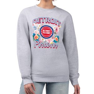 G III 4Her by Carl Stylish Banks Detroit Pistons Women's Heather Gray Flowers Team Logo Graphic Fleece Crewneck Pullover Sweatshirt