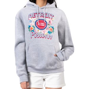 G III 4Her by Carl Banks Detroit Pistons Women's Heather Unique Gray Flowers Team Logo Graphic Fleece Pullover Hoodie