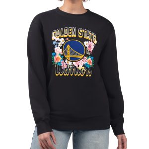 G III 4Her by Carl Banks Golden State Warriors Women's Black Flowers Team Logo Graphic Fleece Premium Crewneck Pullover Sweatshirt