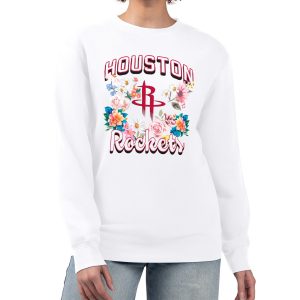 G III 4Her by Carl Banks Houston Rockets Women's White Flowers Chic Team Logo Graphic Fleece Crewneck Pullover Sweatshirt