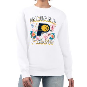 G III 4Her by Carl Banks Indiana Pacers Women's White Trendy Flowers Team Logo Graphic Fleece Crewneck Pullover Sweatshirt