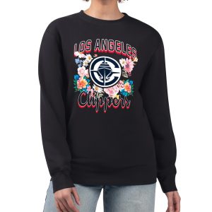 G III 4Her by Carl Banks LA Clippers Women's Black Flowers Team Logo Graphic Fleece Crewneck Pullover Premium Sweatshirt