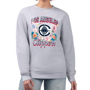 G III 4Her by Carl Banks LA Clippers Women's Heather Gray Flowers Team Gorgeous Logo Graphic Fleece Crewneck Pullover Sweatshirt