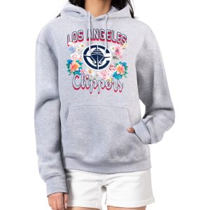 G III 4Her by Carl Banks LA Clippers Women's Heather Gray Flowers Team Logo Graphic Fleece Pullover Hoodie Stylish