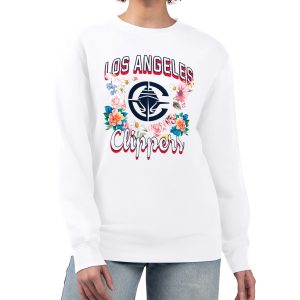 G III 4Her by Carl Banks LA Clippers Women's White Trendy Flowers Team Logo Graphic Fleece Crewneck Pullover Sweatshirt