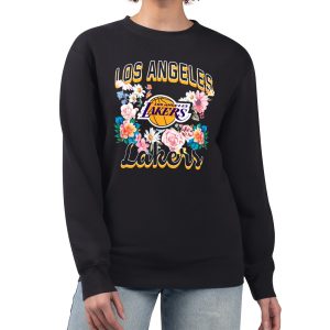G III 4Her by Carl Banks Los Angeles Stylish Lakers Women's Black Flowers Team Logo Graphic Fleece Crewneck Pullover Sweatshirt