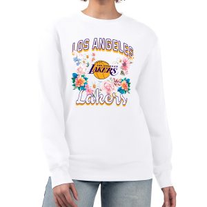 G Eye - catching III 4Her by Carl Banks Los Angeles Lakers Women's White Flowers Team Logo Graphic Fleece Crewneck Pullover Sweatshirt