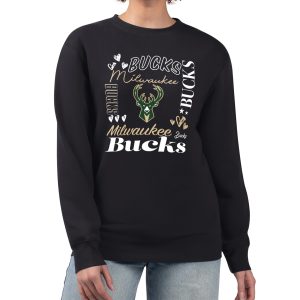 G III 4Her by Carl Banks Milwaukee Bucks Women's Black Collage Team Graphic Fleece Unique Pullover Sweatshirt