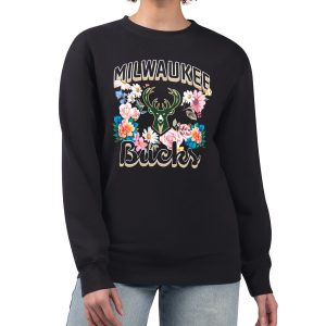G III 4Her by Carl Banks Milwaukee Bucks Women's Black Flowers Team Logo Graphic Fleece Crewneck Pullover Stylish Sweatshirt