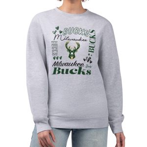 G III 4Her by Carl Banks Milwaukee Bucks Women's Heather Trendy Gray Collage Team Graphic Fleece Pullover Sweatshirt