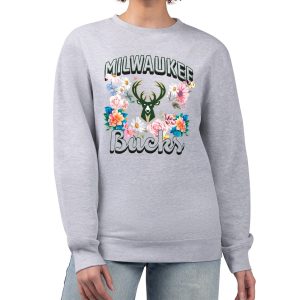 G III 4Her by Carl Banks Milwaukee Bucks Women's Heather Gray Flowers Team Logo Graphic Fleece Crewneck Stylish Pullover Sweatshirt