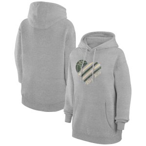G Chic III 4Her by Carl Banks Milwaukee Bucks Women's Heather Gray Heart Pullover Hoodie