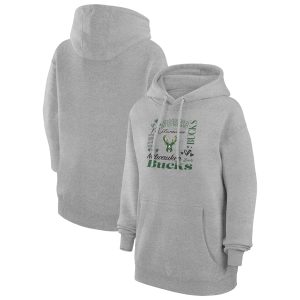 G III 4Her by Carl Banks Milwaukee Bucks Women's Heather Gray Team Collage Elegant Graphic Fleece Pullover Hoodie