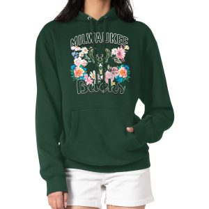 G III 4Her by Carl Banks Milwaukee Bucks Women's Elegant Hunter Green Flowers Team Logo Graphic Fleece Pullover Hoodie