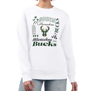 G III 4Her by Carl Banks Milwaukee Bucks Women's White Collage Gorgeous Team Graphic Fleece Pullover Sweatshirt