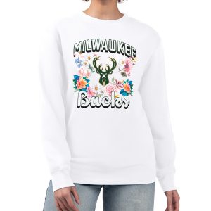 G III 4Her by Carl Banks Milwaukee Bucks Women's White Flowers Team Logo Graphic Fleece Trendy Crewneck Pullover Sweatshirt
