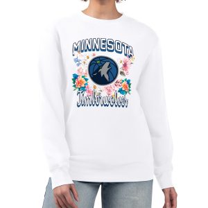 G III 4Her by Carl Banks Minnesota Timberwolves Women's White Flowers Team Logo Graphic Fleece Crewneck Pullover Sweatshirt Gorgeous