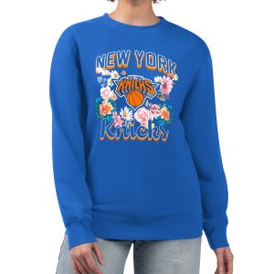G III 4Her by Carl Banks New York Knicks Women's Blue Flowers Team Logo Graphic Fleece Unique Crewneck Pullover Sweatshirt