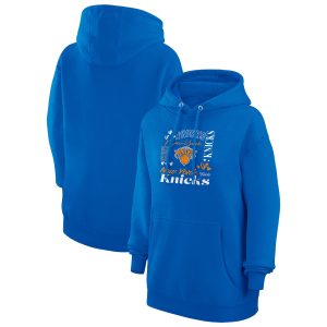 G III 4Her by Carl Banks New York Knicks Women's Blue Team Collage Graphic Fleece Pullover Unique Hoodie