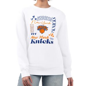 G III 4Her by Carl Banks New York Knicks Women's White Collage Team Graphic Fleece Pullover Sweatshirt Premium