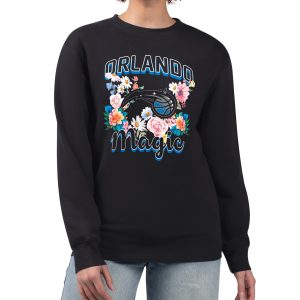 G III 4Her by Carl Banks Orlando Magic Women's Black Flowers Team Logo Graphic Fleece Crewneck Pullover Unique Sweatshirt