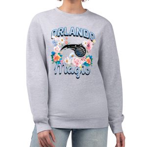 G III 4Her by Carl Banks Orlando Magic Women's Heather Gray Flowers Team Logo Graphic Fleece Crewneck Pullover Elegant Sweatshirt