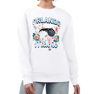 G III 4Her by Carl Banks Orlando Magic Women's White Flowers Team Logo Graphic Fleece Crewneck Pullover Sweatshirt Gorgeous
