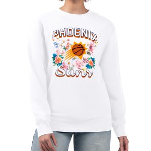 G III 4Her by Carl Banks Phoenix Suns Women's White Flowers Team Logo Graphic Fleece Chic Crewneck Pullover Sweatshirt