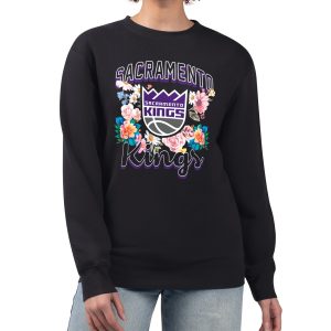 G III 4Her by Carl Banks Sacramento Kings Women's Black Flowers Team Logo Graphic Gorgeous Fleece Crewneck Pullover Sweatshirt